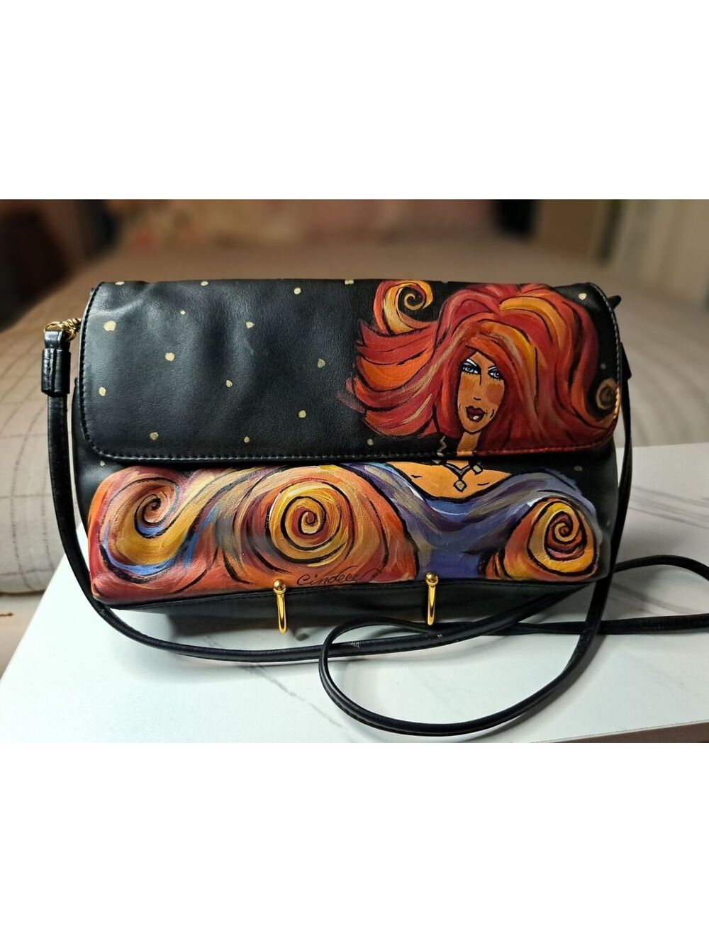 Vintage Custom Artisan ILI Hand-Painted Black Leather Shoulder Bag by Cindee